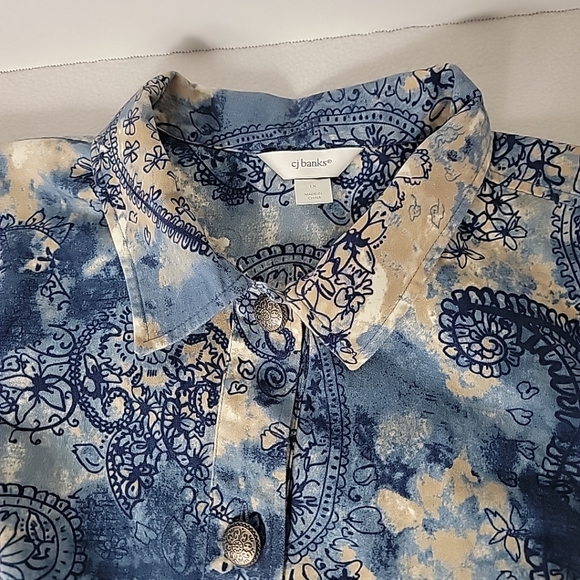 CJ Banks Women's Tan White Blue Balck Button Up Denim Jacket, 1X - Picture 4 of 10